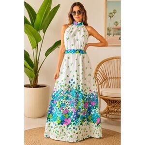 VTG 60s 70s Hawaiian Floral Maxi Dress Neon Mod Hostess Halter S M Rare